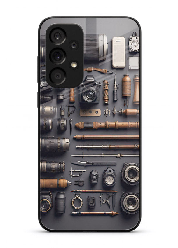Camera tools flatlay artwork printed on glossy tempered glass Samsung A23 5G back cover