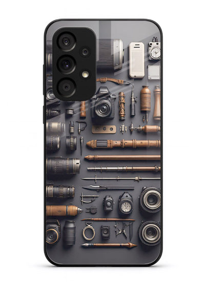 Camera tools flatlay artwork printed on glossy tempered glass Samsung A33 5G back cover