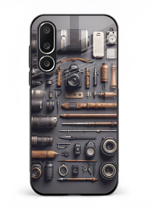 Camera tools flatlay artwork printed on glossy tempered glass Samsung F56 5G back cover