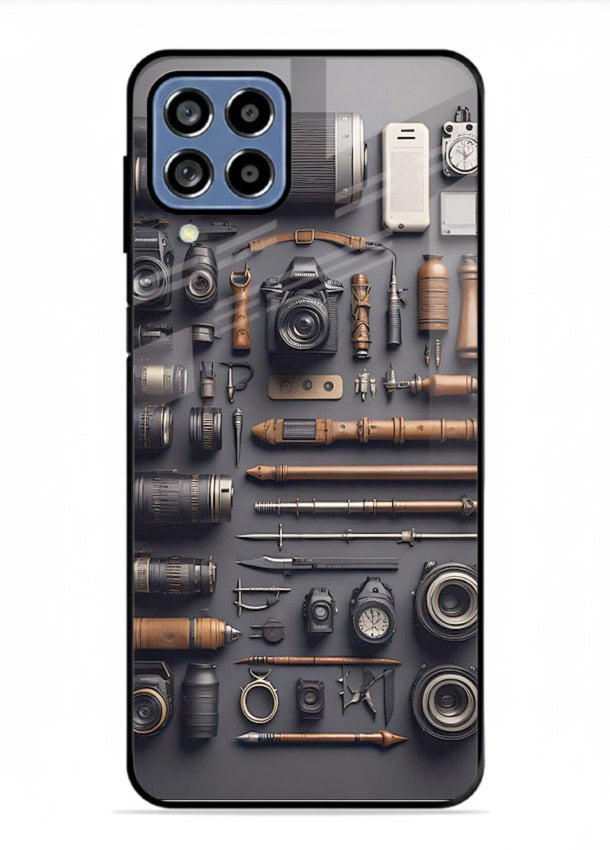 Camera tools flatlay artwork printed on glossy tempered glass Samsung F62 back cover