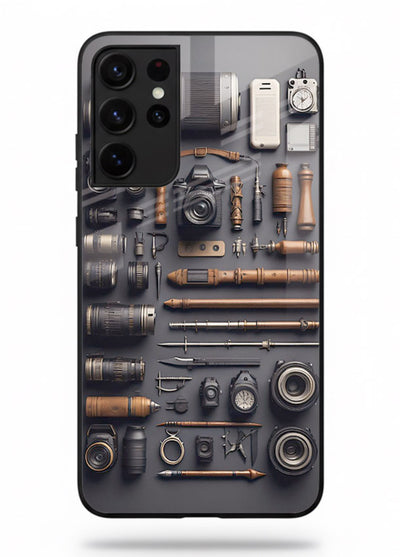 Camera tools flatlay artwork printed on glossy tempered glass Samsung S21 Ultra back cover