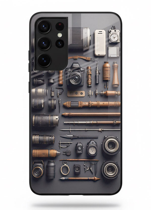 Camera tools flatlay artwork printed on glossy tempered glass Samsung S21 Ultra back cover