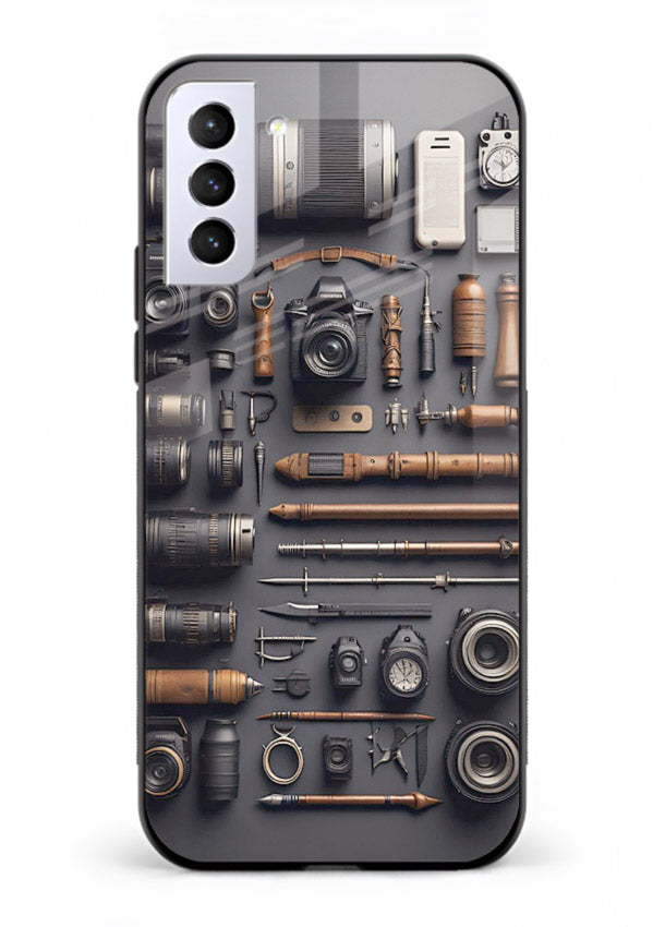 Camera tools flatlay artwork printed on glossy tempered glass Samsung S21 Plus back cover
