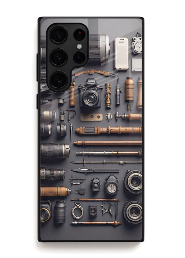 Camera tools flatlay artwork printed on glossy tempered glass Samsung S25 Ultra back cover