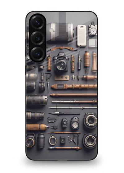 Camera tools flatlay artwork printed on glossy tempered glass Samsung A25 5G back cover