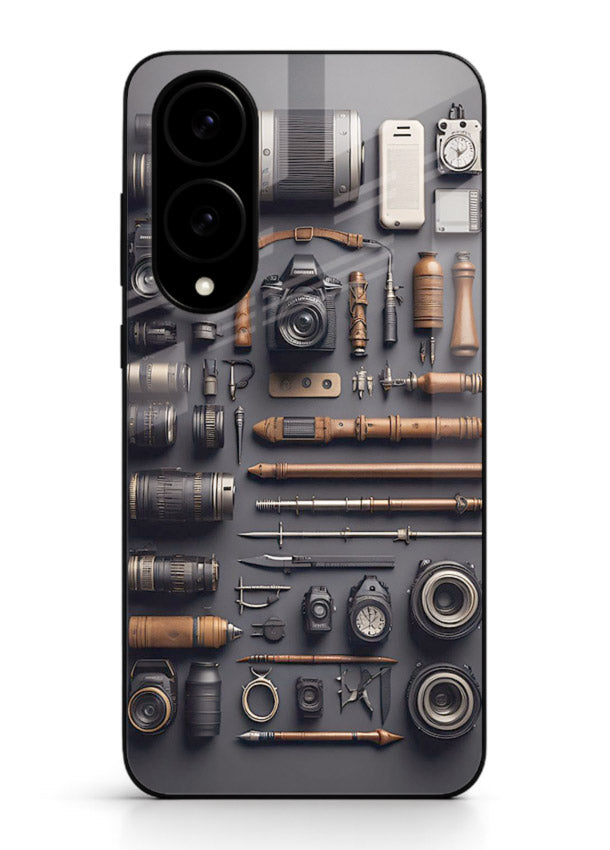 Camera tools flatlay artwork printed on glossy tempered glass Samsung S25 Edge back cover