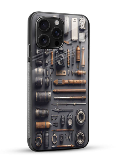 Camera tools flatlay artwork printed on glossy tempered glass mobile back cover - 2