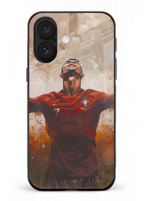 Football celebration artwork printed on glossy tempered glass iPhone 16 Plus back cover