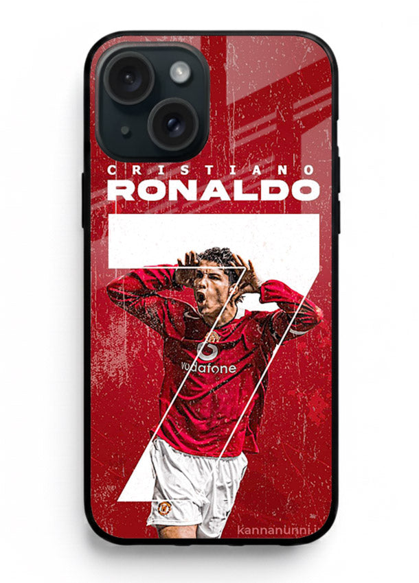 Red Ronaldo poster artwork on glossy tempered glass iPhone 14 back cover