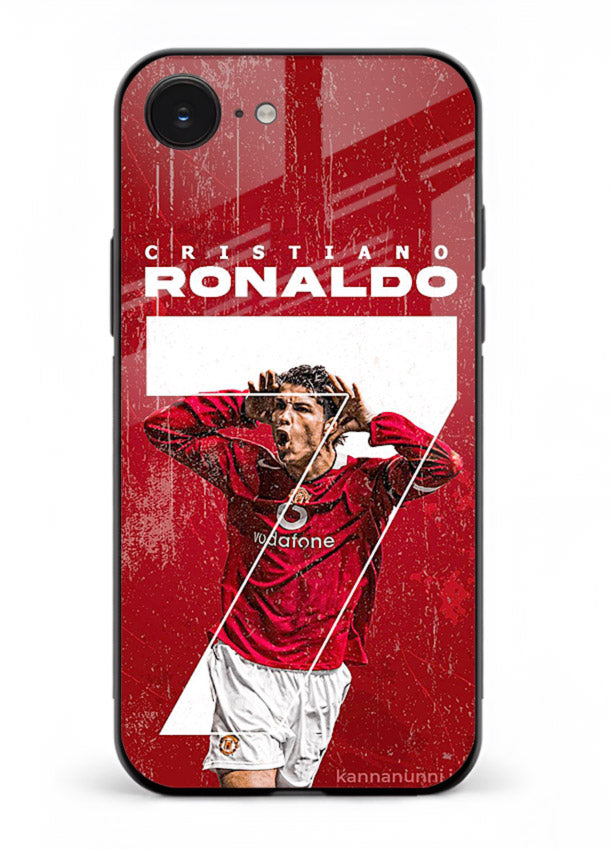 Red Ronaldo poster artwork on glossy tempered glass iPhone 16E back cover