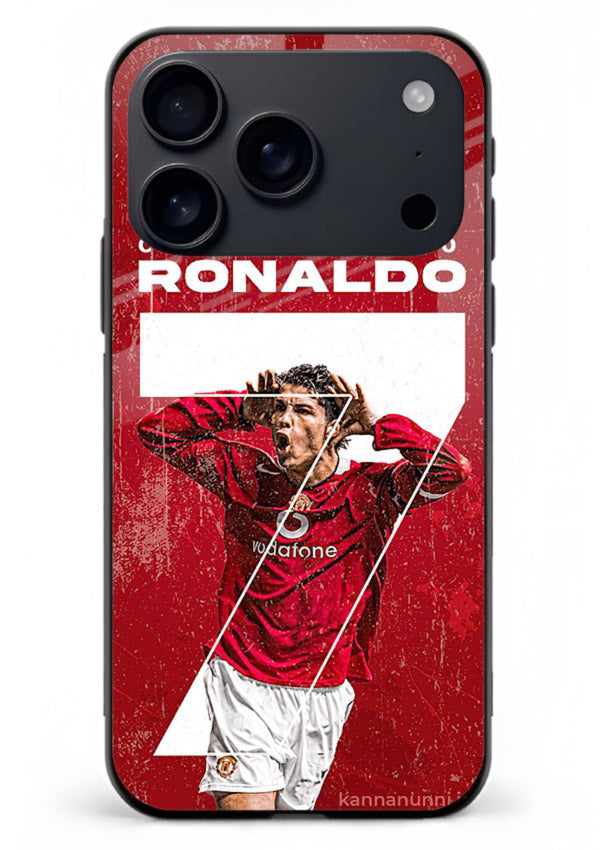 Red Ronaldo poster artwork on glossy tempered glass iPhone 18 Pro Max back cover
