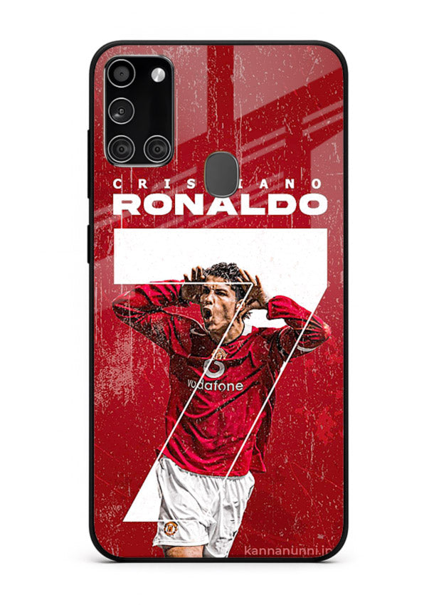 Red Ronaldo poster artwork on glossy tempered glass Samsung A21s back cover