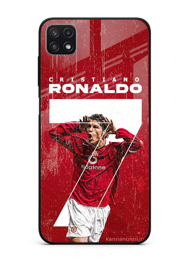 Red Ronaldo poster artwork on glossy tempered glass Samsung F42 5G back cover