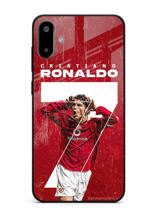 Red Ronaldo poster artwork on glossy tempered glass Samsung F06 5G back cover