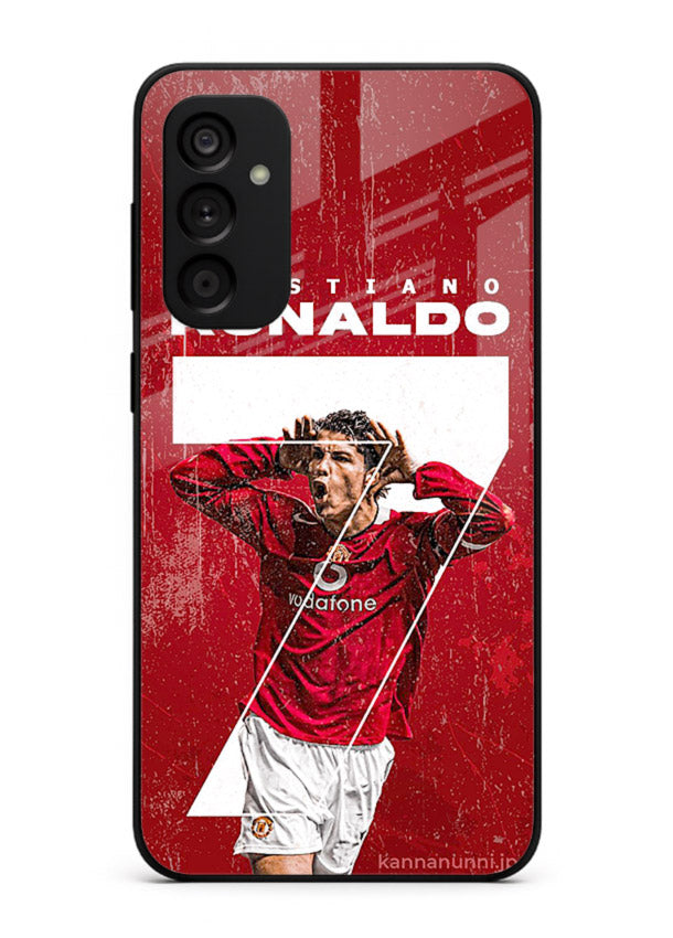 Red Ronaldo poster artwork on glossy tempered glass Samsung M14 4G back cover
