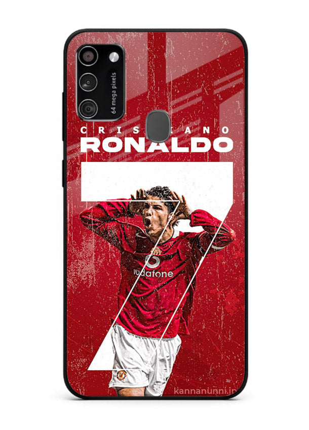 Red Ronaldo poster artwork on glossy tempered glass Samsung M30s back cover