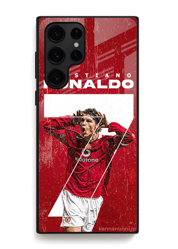 Red Ronaldo poster artwork on glossy tempered glass Samsung S25 Ultra back cover