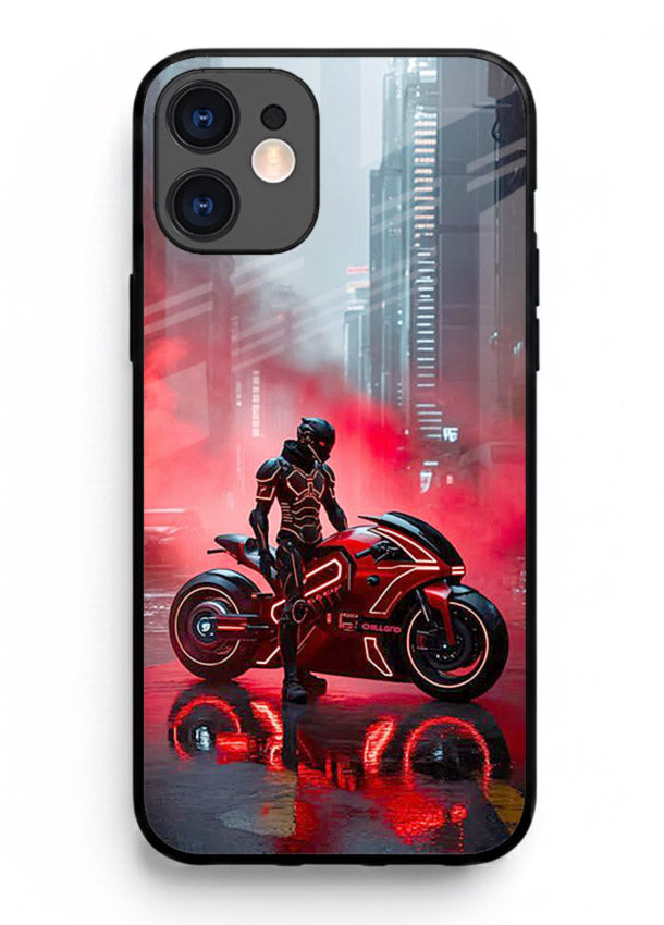 Red sport bike rider artwork on tempered glass iPhone 12 Mini back cover