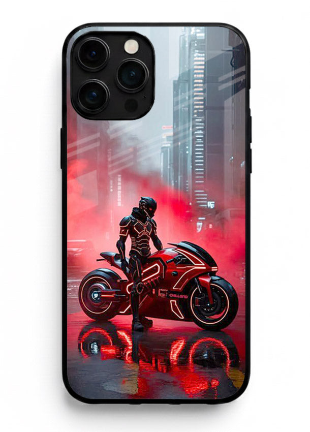Red sport bike rider artwork on tempered glass iPhone 16 Pro Max back cover