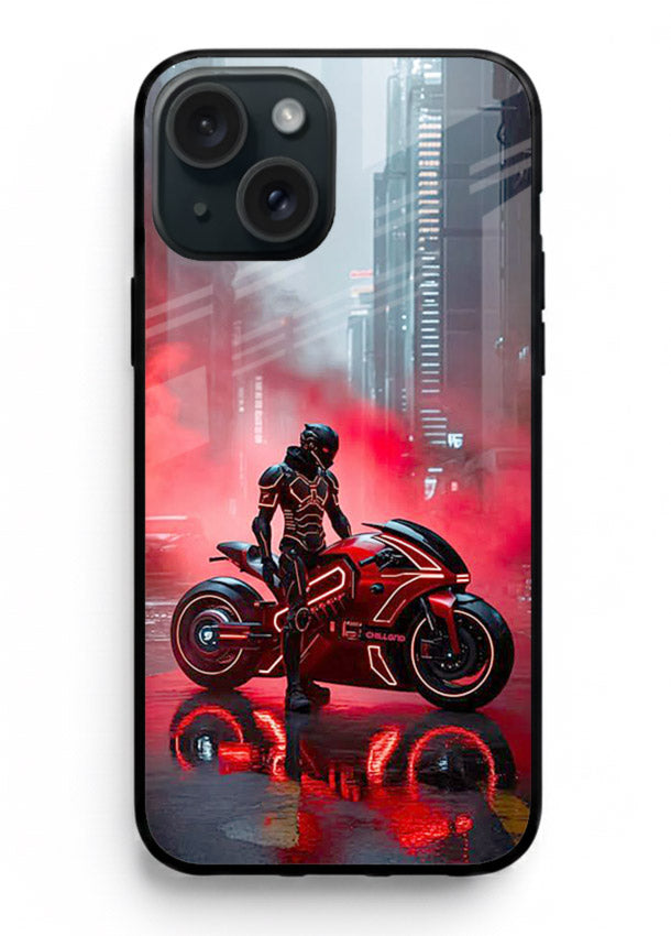 Red sport bike rider artwork on tempered glass iPhone 13 Mini back cover