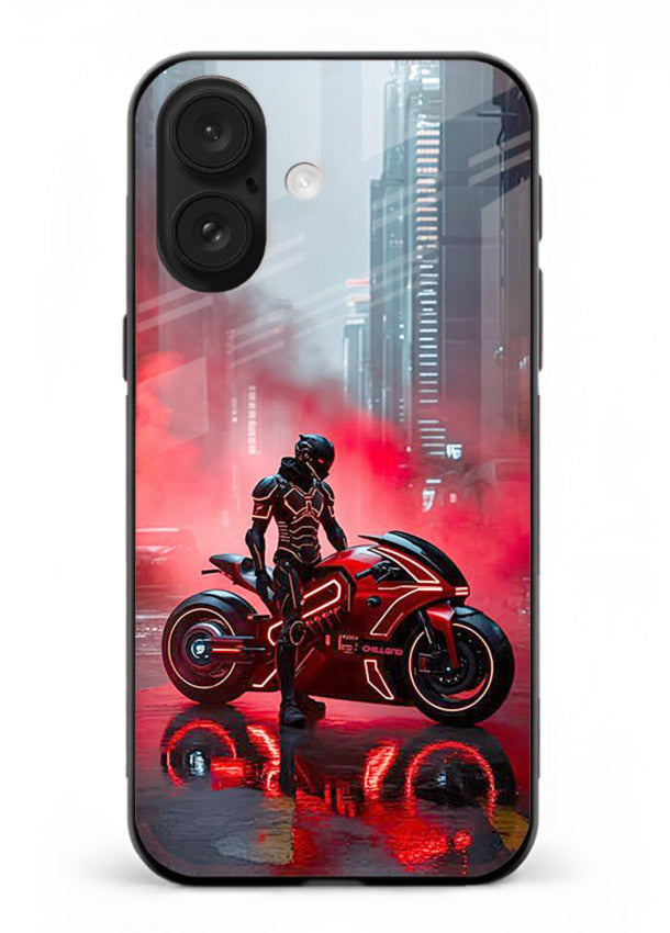 Red sport bike rider artwork on tempered glass iPhone 18 back cover