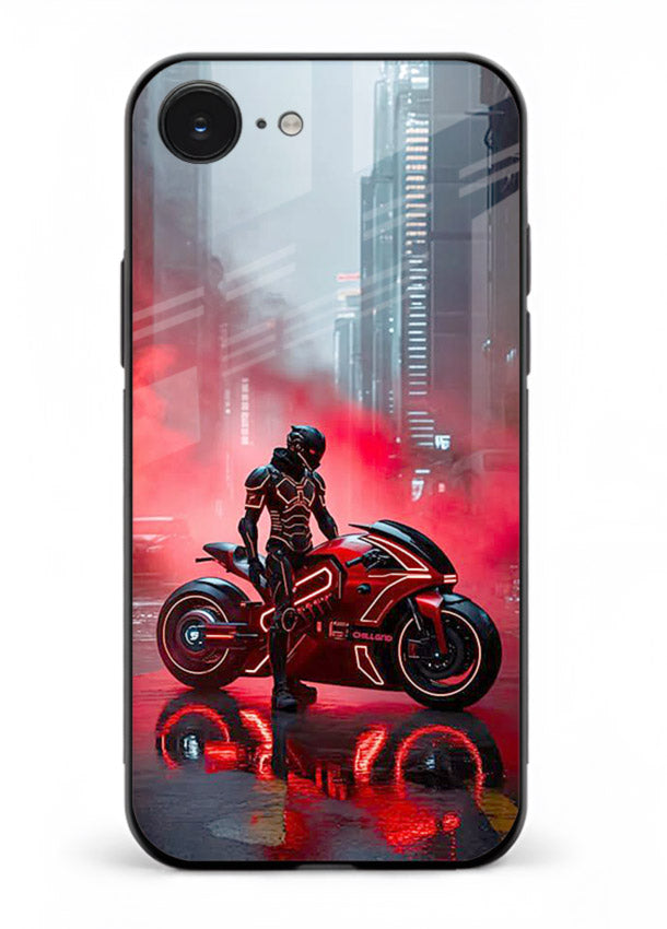 Red sport bike rider artwork on tempered glass iPhone 16E back cover
