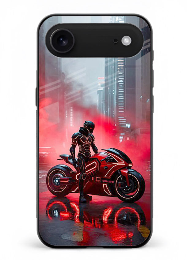 Red sport bike rider artwork on tempered glass iPhone 17 Air back cover