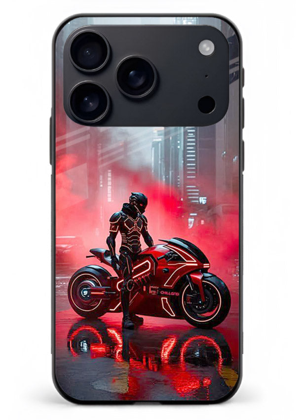 Red sport bike rider artwork on tempered glass iPhone 18 Pro Max back cover
