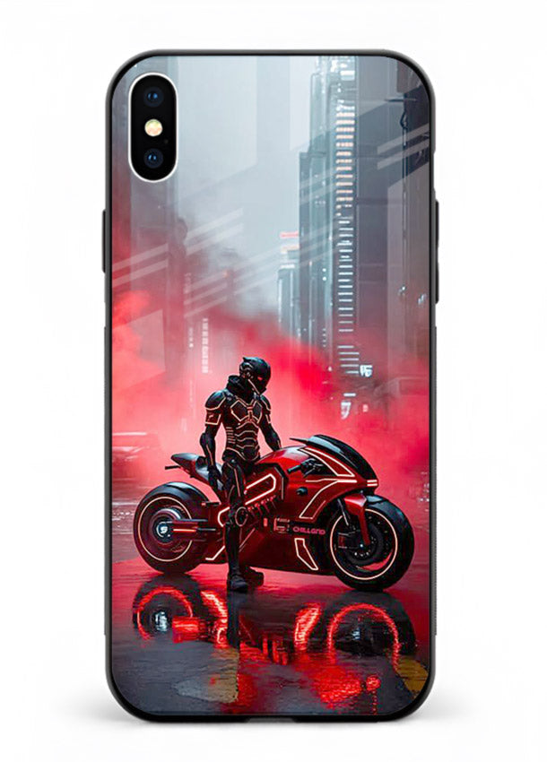 Red sport bike rider artwork on tempered glass iPhone XS Max back cover