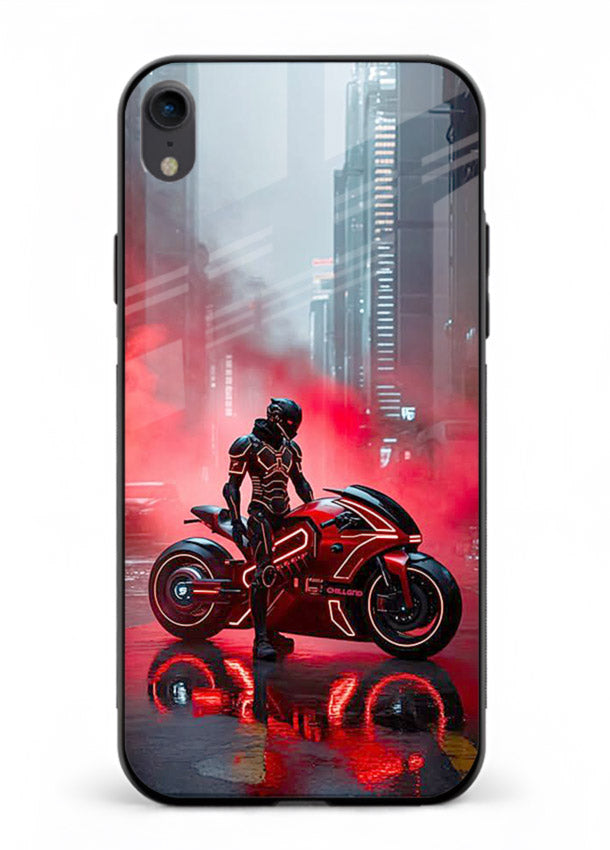 Red sport bike rider artwork on tempered glass iPhone XR back cover