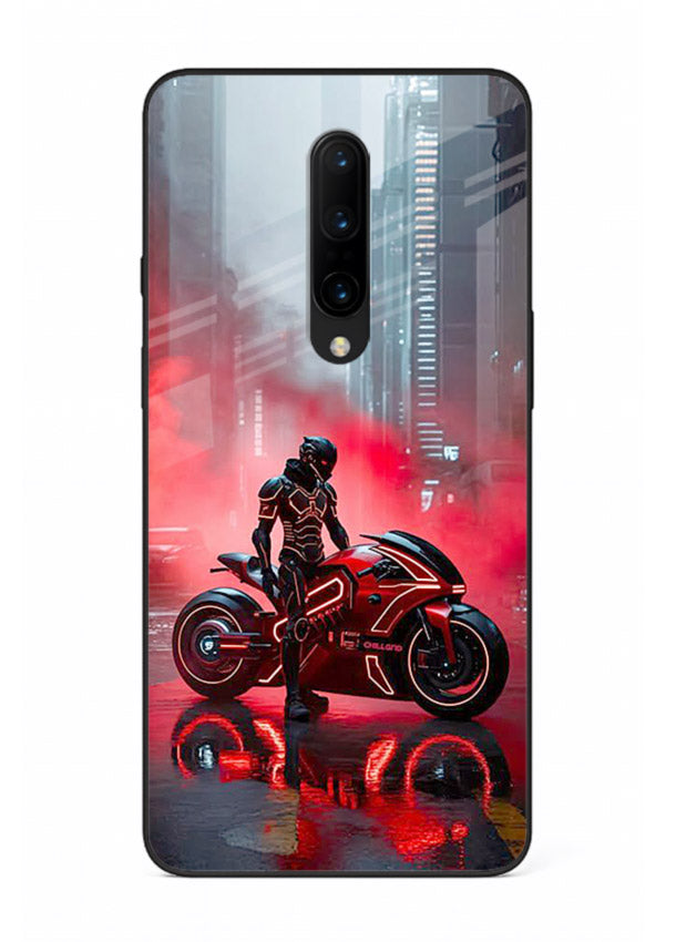 Red sport bike rider artwork on tempered glass OnePlus 8 back cover