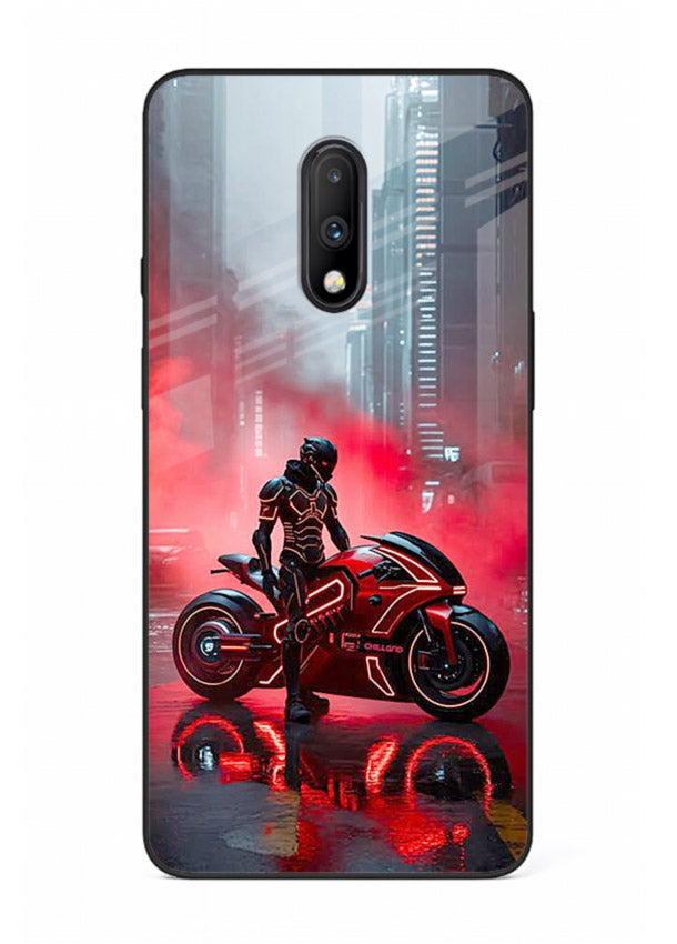 Red sport bike rider artwork on tempered glass OnePlus 7 back cover