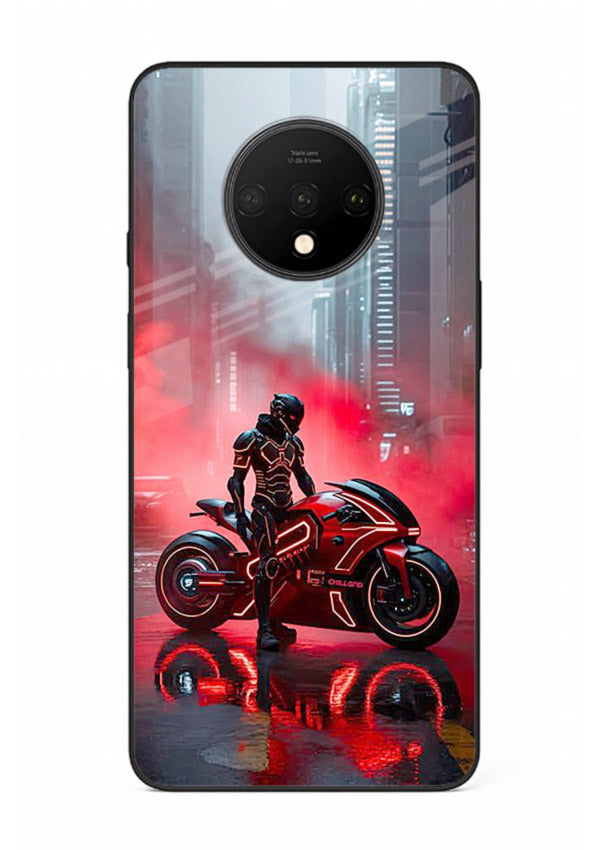 Red sport bike rider artwork on tempered glass OnePlus 7T back cover