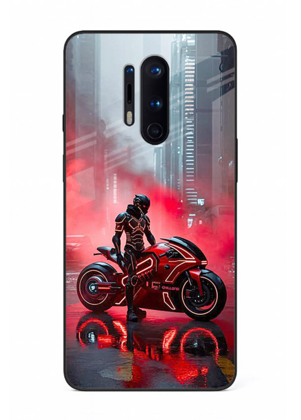 Red sport bike rider artwork on tempered glass OnePlus 8 Pro back cover