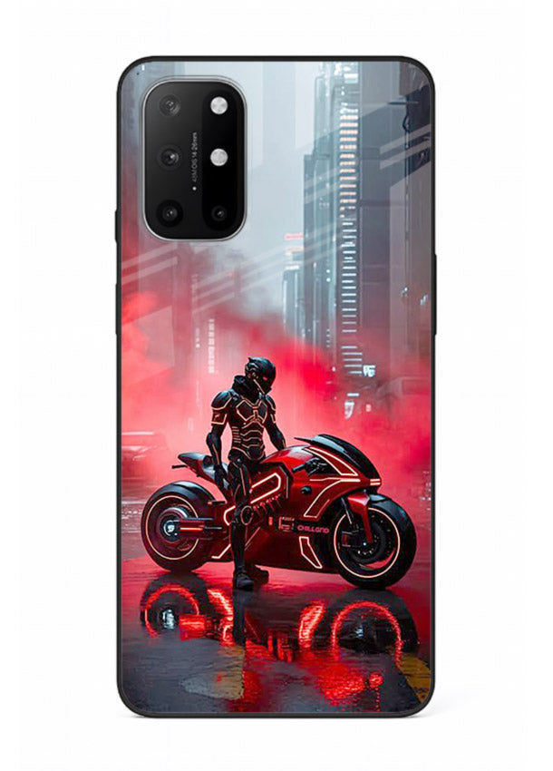 Red sport bike rider artwork on tempered glass OnePlus 8T back cover