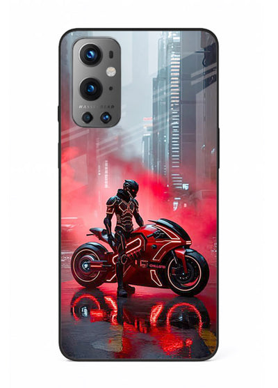 Red sport bike rider artwork on tempered glass OnePlus 9 back cover