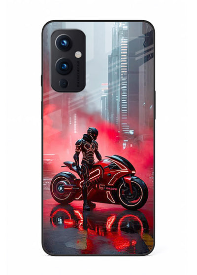 Red sport bike rider artwork on tempered glass OnePlus 9 Pro back cover
