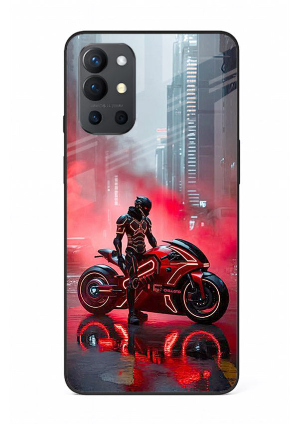 Red sport bike rider artwork on tempered glass OnePlus 9R back cover