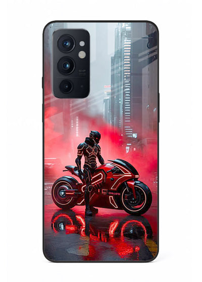 Red sport bike rider artwork on tempered glass OnePlus 9RT back cover