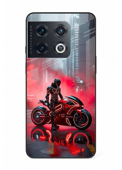 Red sport bike rider artwork on tempered glass OnePlus 10 Pro back cover