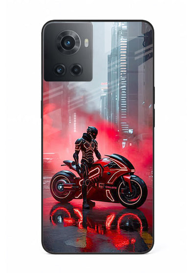Red sport bike rider artwork on tempered glass OnePlus 10R back cover