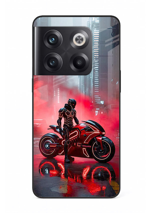 Red sport bike rider artwork on tempered glass OnePlus 10T back cover