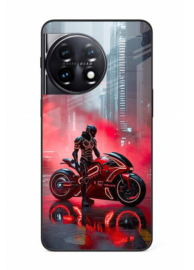 Red sport bike rider artwork on tempered glass OnePlus 11 back cover