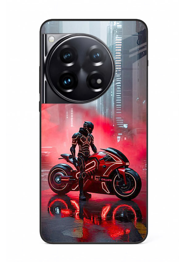 Red sport bike rider artwork on tempered glass OnePlus 12 back cover