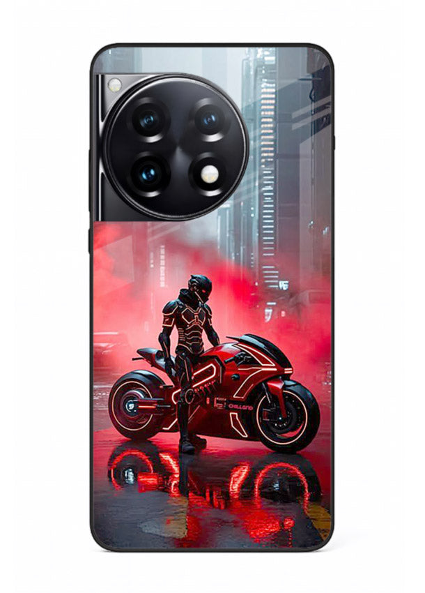 Red sport bike rider artwork on tempered glass OnePlus 12R back cover