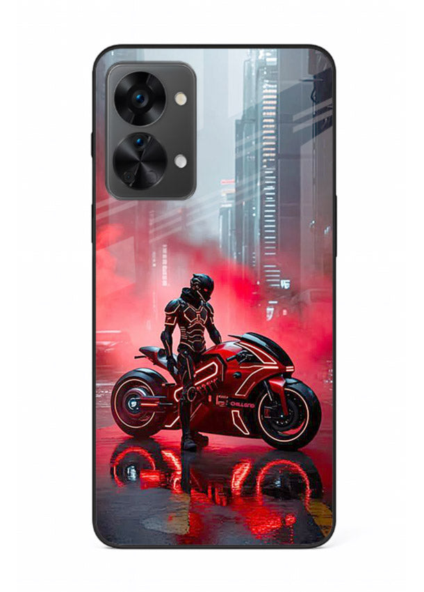Red sport bike rider artwork on tempered glass OnePlus Nord 2T back cover