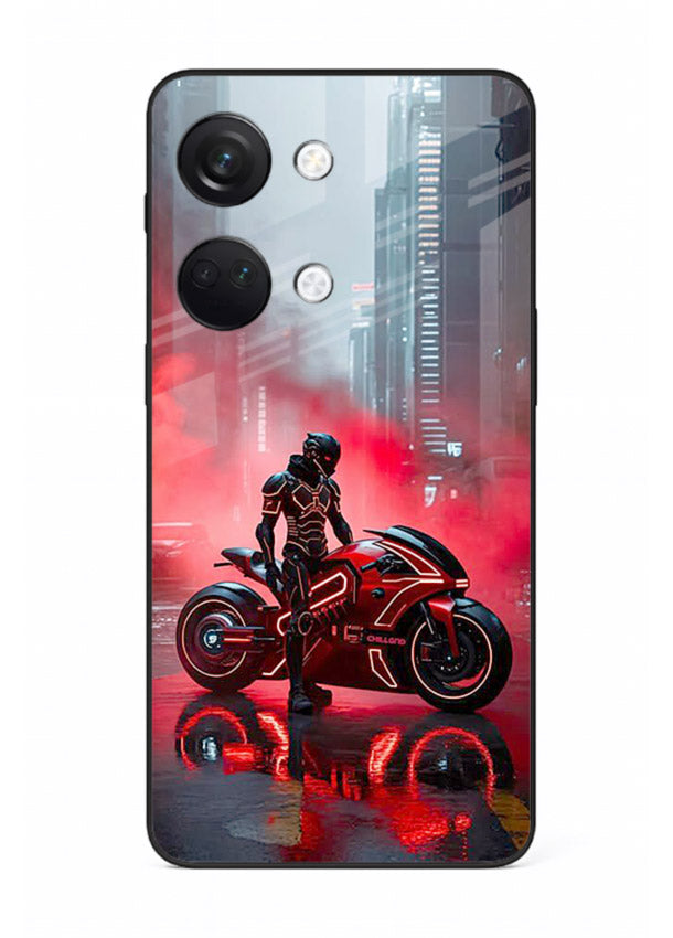 Red sport bike rider artwork on tempered glass OnePlus Nord 3 back cover