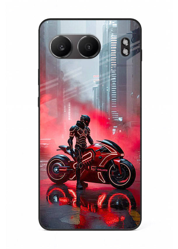 Red sport bike rider artwork on tempered glass OnePlus Nord 4 back cover