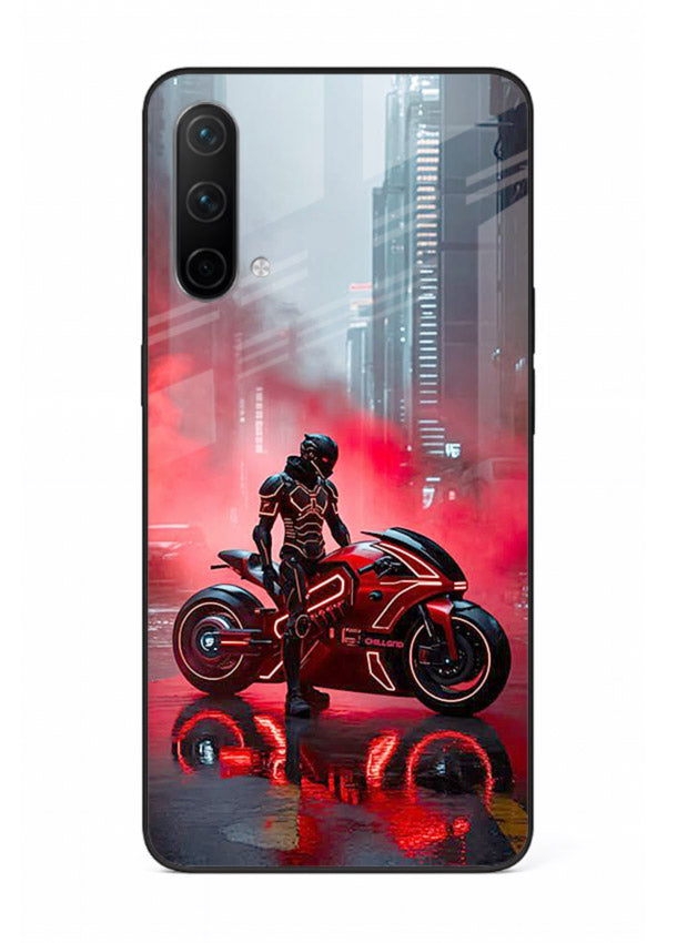 Red sport bike rider artwork on tempered glass OnePlus Nord CE 5G back cover