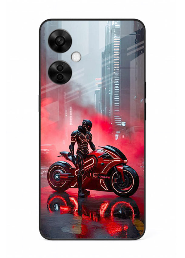 Red sport bike rider artwork on tempered glass OnePlus Nord CE3 Lite back cover